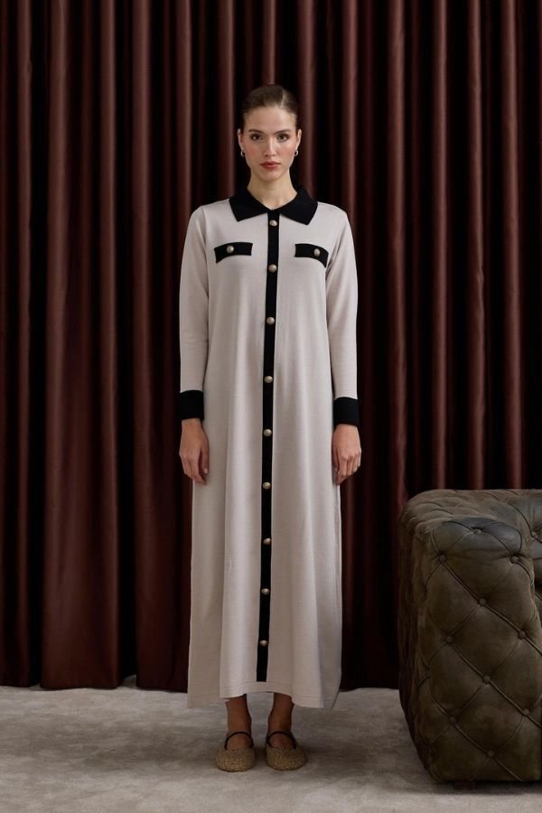 Deri Kemerli Çift Renk Triko Elbise