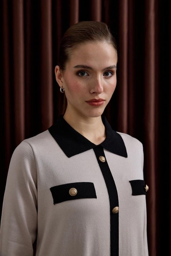 Deri Kemerli Çift Renk Triko Elbise