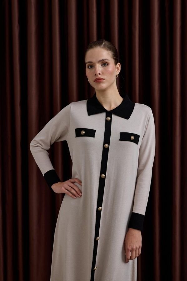 Deri Kemerli Çift Renk Triko Elbise