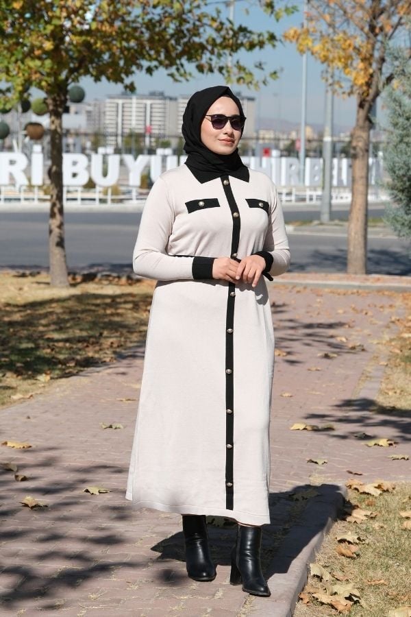 Deri Kemerli Çift Renk Triko Elbise